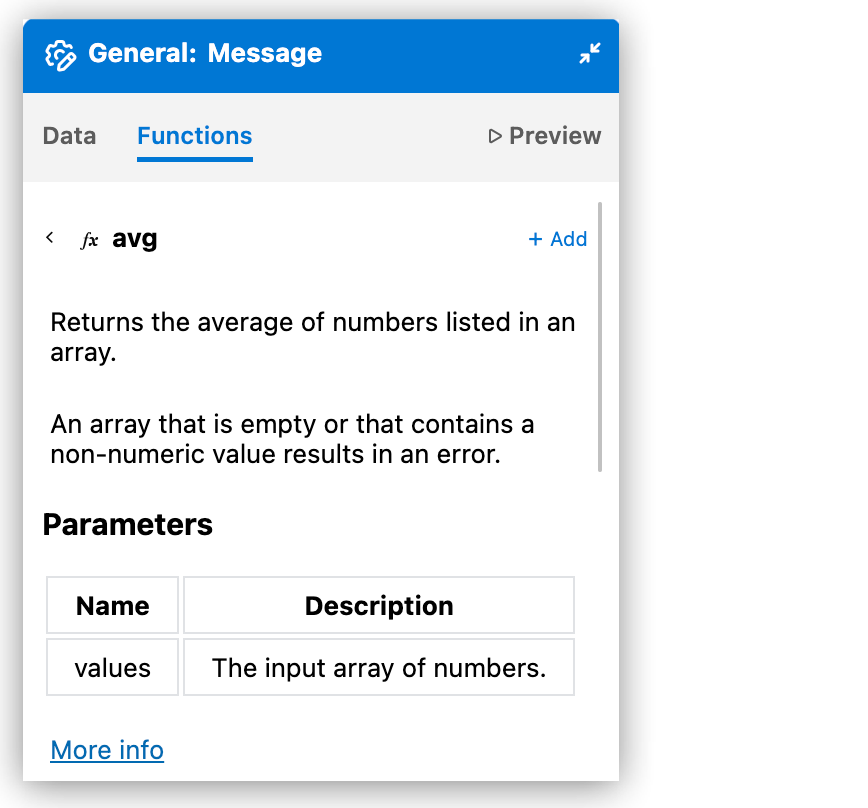 Function details popup showing complete documentation for a DataWeave function including syntax, parameters, and usage examples
