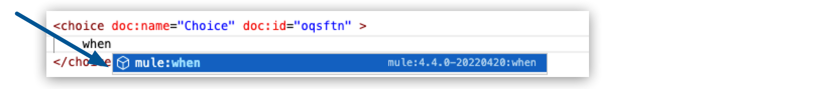 テキスト「mule:when」が強調表示されている「when」の検索結果