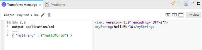 XML 形式で「helloWorld」を出力する DataWeave スクリプト