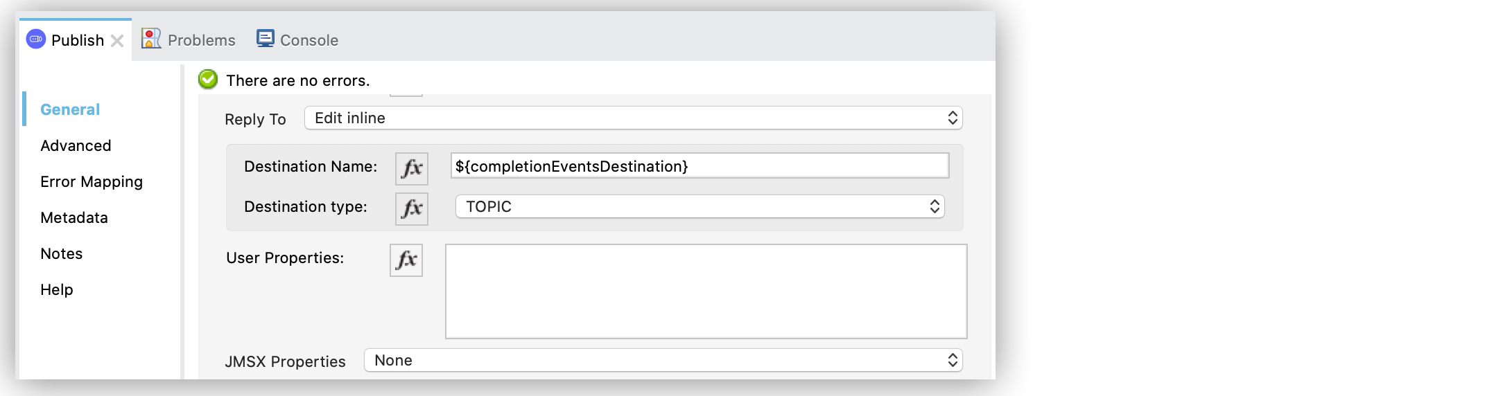 「[Publish] 設定画面で、[Reply To (応答先)] を [Edit inline (インライン編集)] に設定し、[Destination name (宛先名)] 項目の名前を設定し、[Destination type (宛先種別)] 項目を [TOPIC (トピック)] に設定する。」
