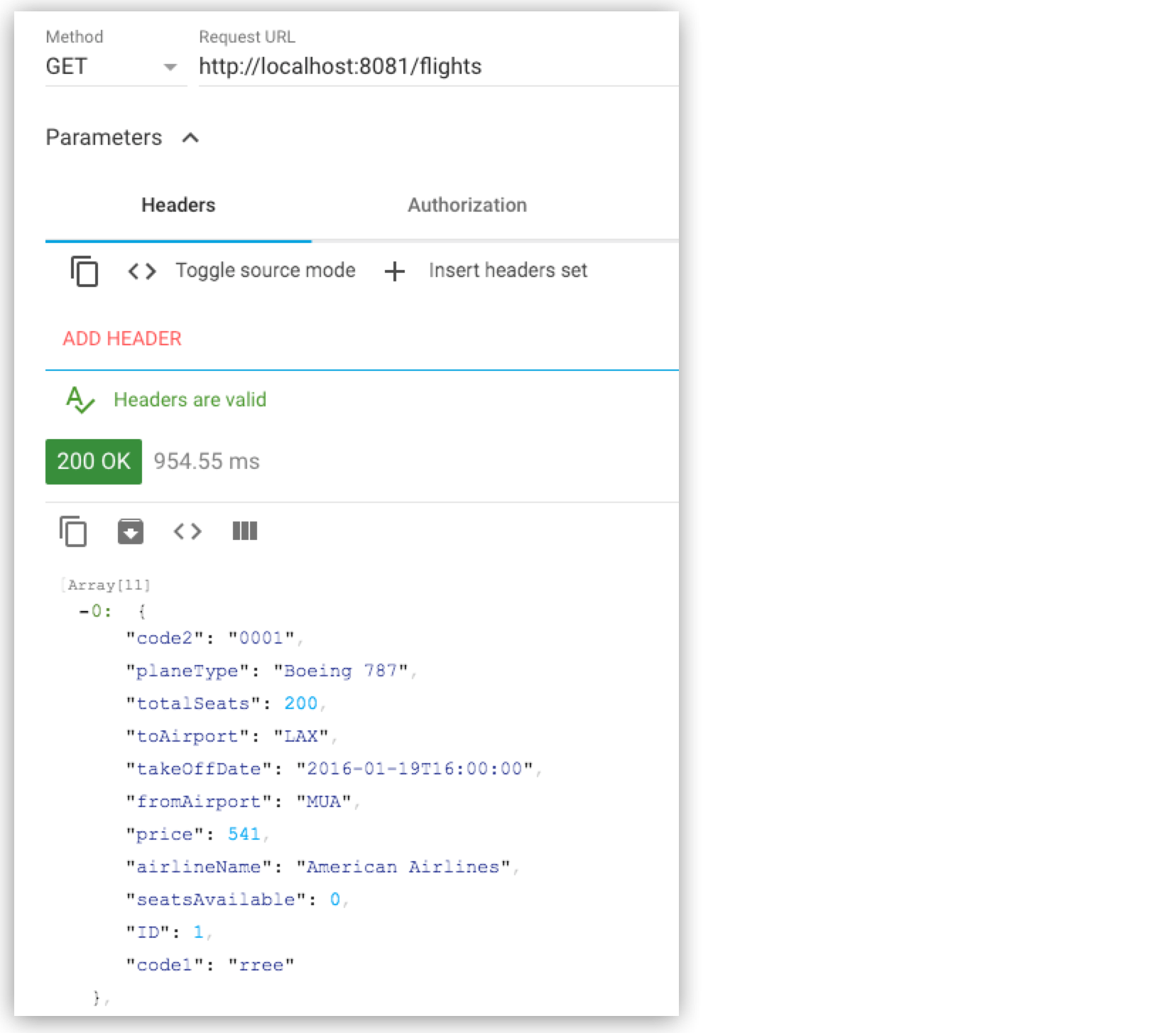 An HTTP request setup showing method, URL, and headers