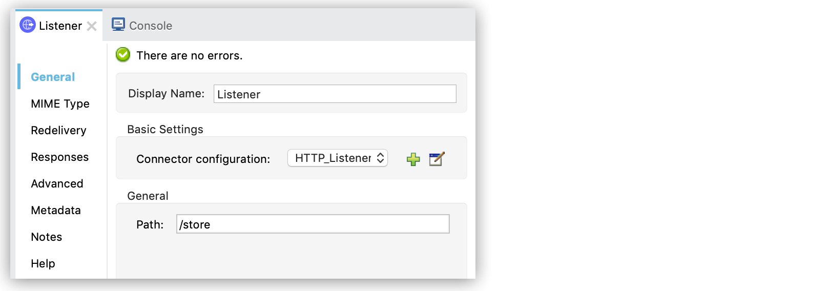 Listener properties window showing no errors
